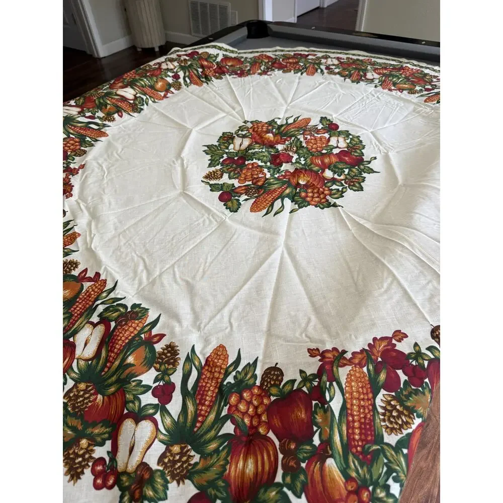 Thanksgiving Fall Tablecloth Round Autumn Harvest Pumpkin Cotton Blend 70 Inch